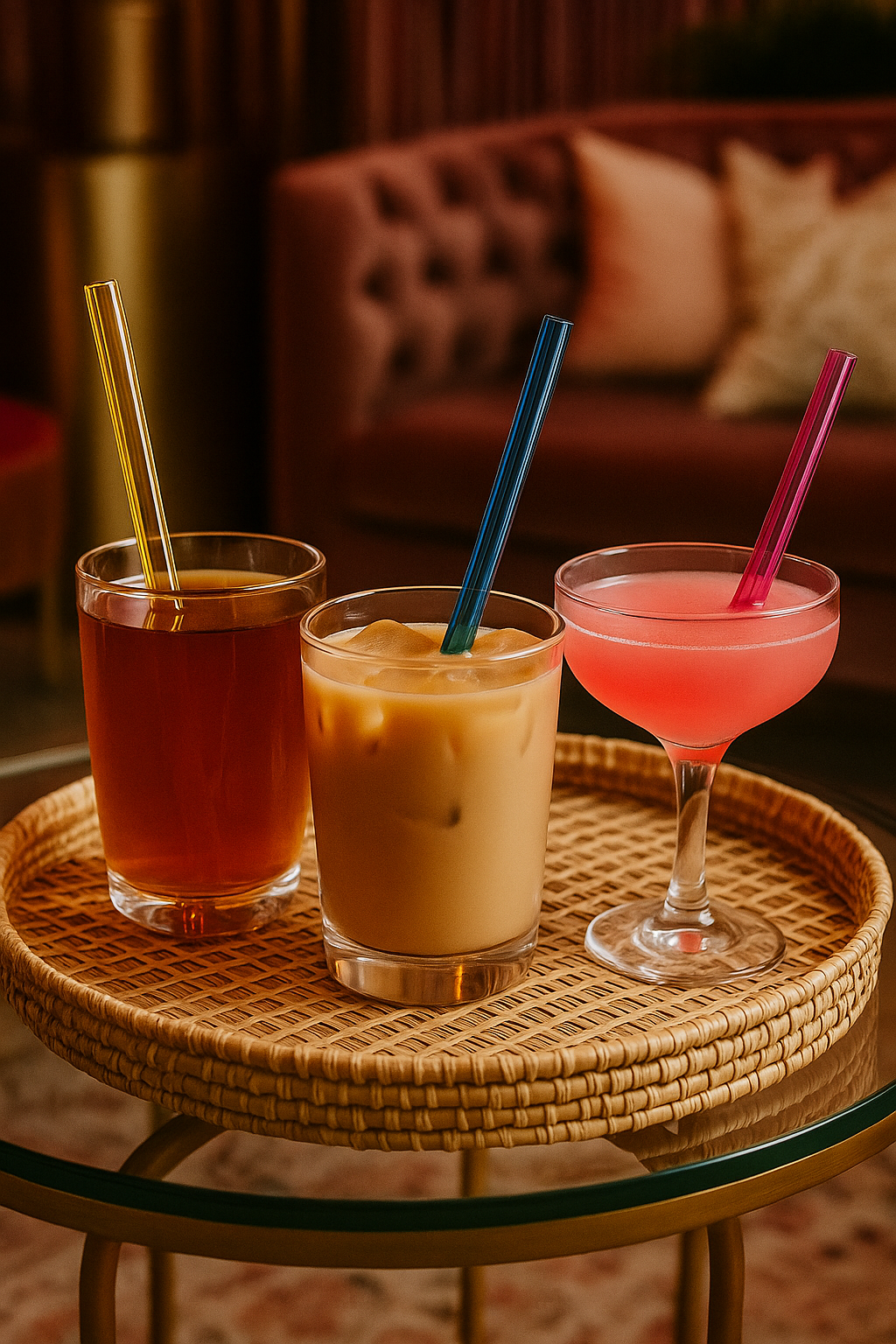 Colorful cocktails, iced coffee and iced drinks served in glassware with reusable glass drinking straws on a woven tray, showcasing eco friendly reusable straws for cocktails and cold beverages.