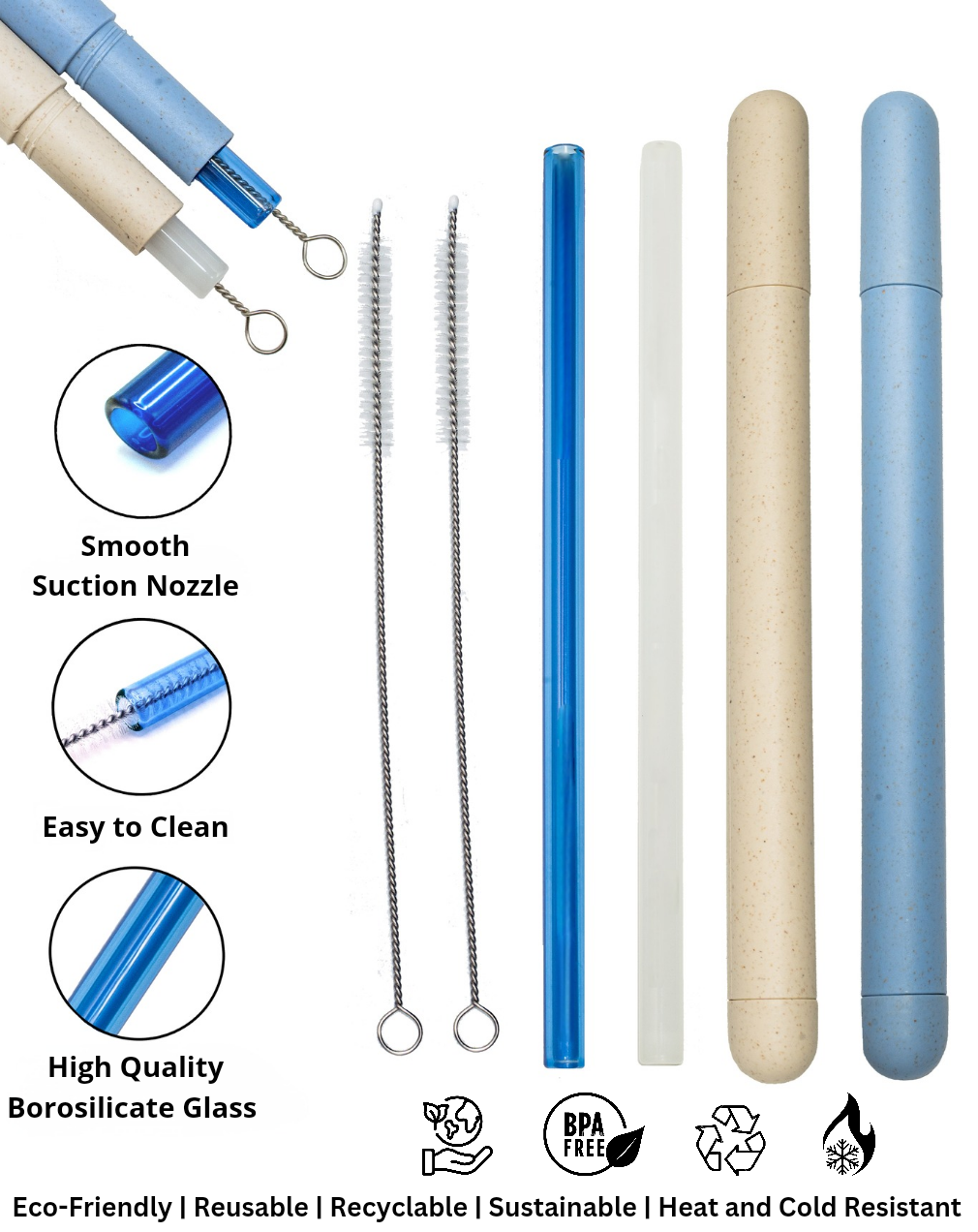 2 Sets of Reusable Glass Straws with Case - Neutral Set - Sip & Quench