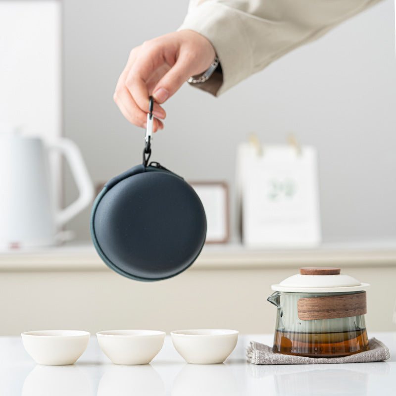 Portable Ceramic & Glass Travel Tea Set – 1 Pot + 3 Cups + Carry Pouch