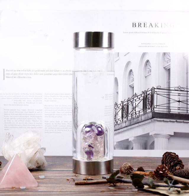 500ml Natural Crystal Quartz Gravel Gemstone Healing Glass Energy Elixir Water Bottle - Sip & Quench