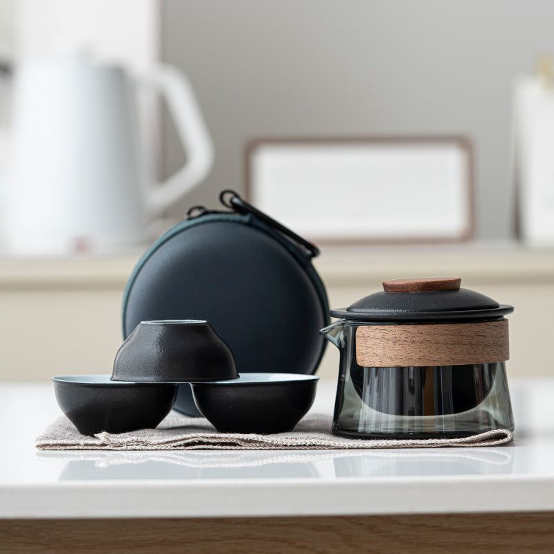 Portable Ceramic & Glass Travel Tea Set – 1 Pot + 3 Cups + Carry Pouch