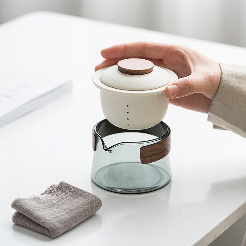 Portable Ceramic & Glass Travel Tea Set – 1 Pot + 3 Cups + Carry Pouch