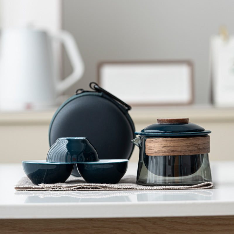 Portable Ceramic & Glass Travel Tea Set – 1 Pot + 3 Cups + Carry Pouch