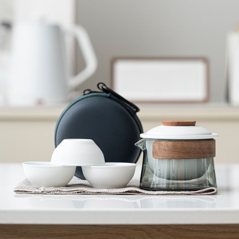 Portable Ceramic & Glass Travel Tea Set – 1 Pot + 3 Cups + Carry Pouch