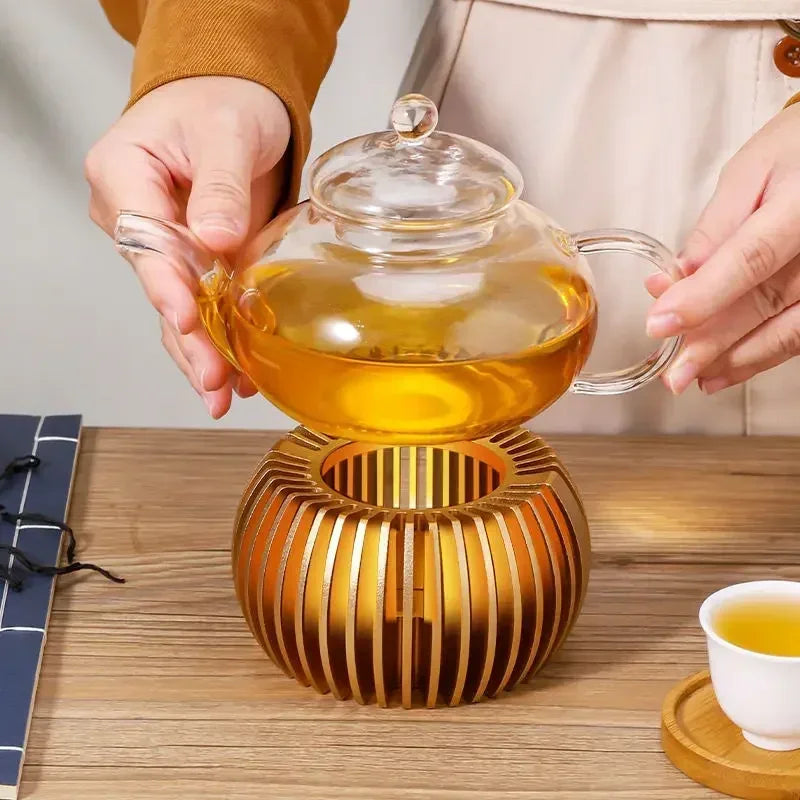 Gold Teapot Warmer with Candle – Hollow Aluminum Alloy Base for Glass Teapots, Coffee, Milk & Tea – Elegant Tea Light Heater Stand for Home or Office Use