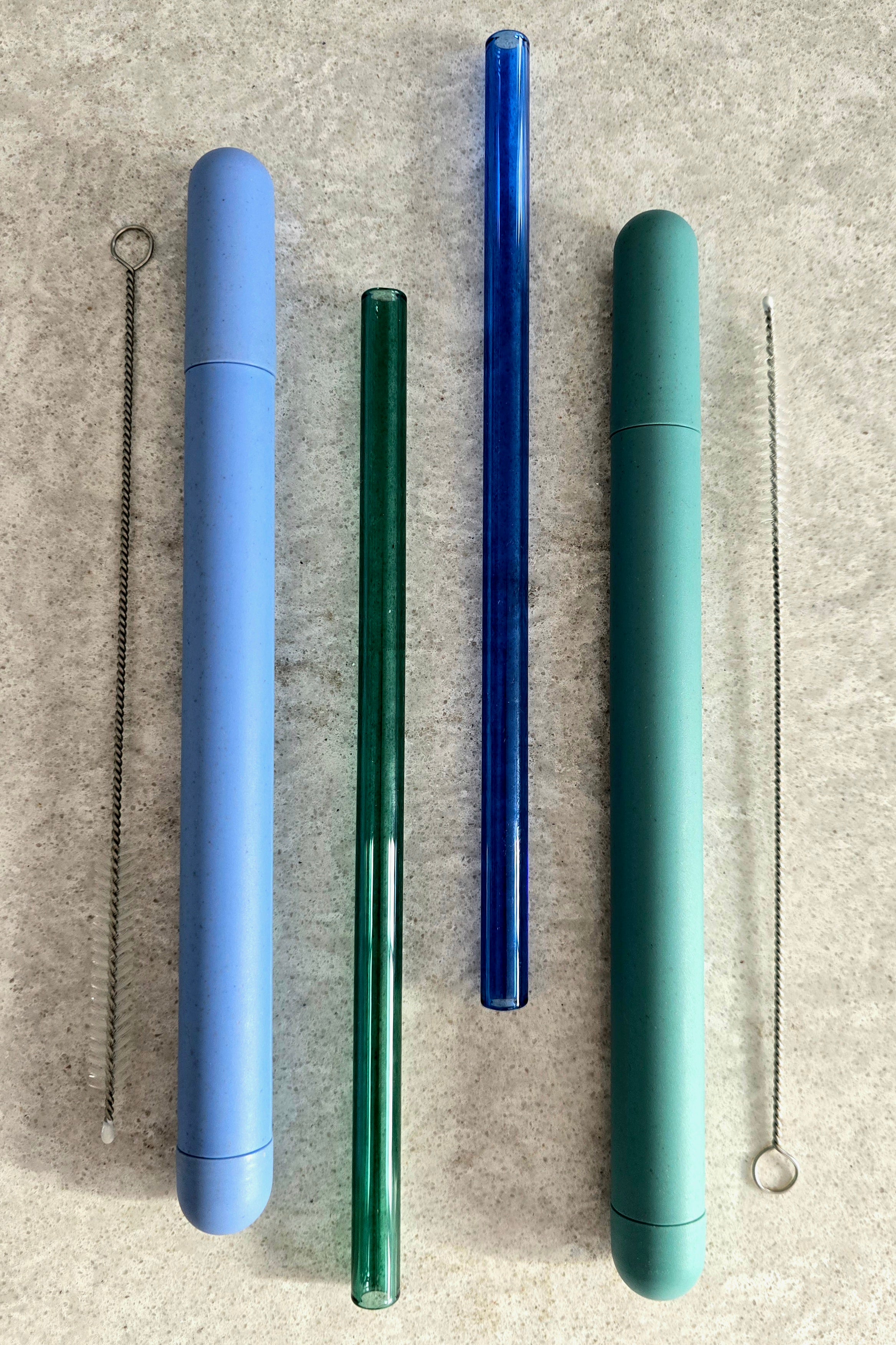 Set of 2 Glass Straws with Case & Cleaning Brush - Teal / Blue