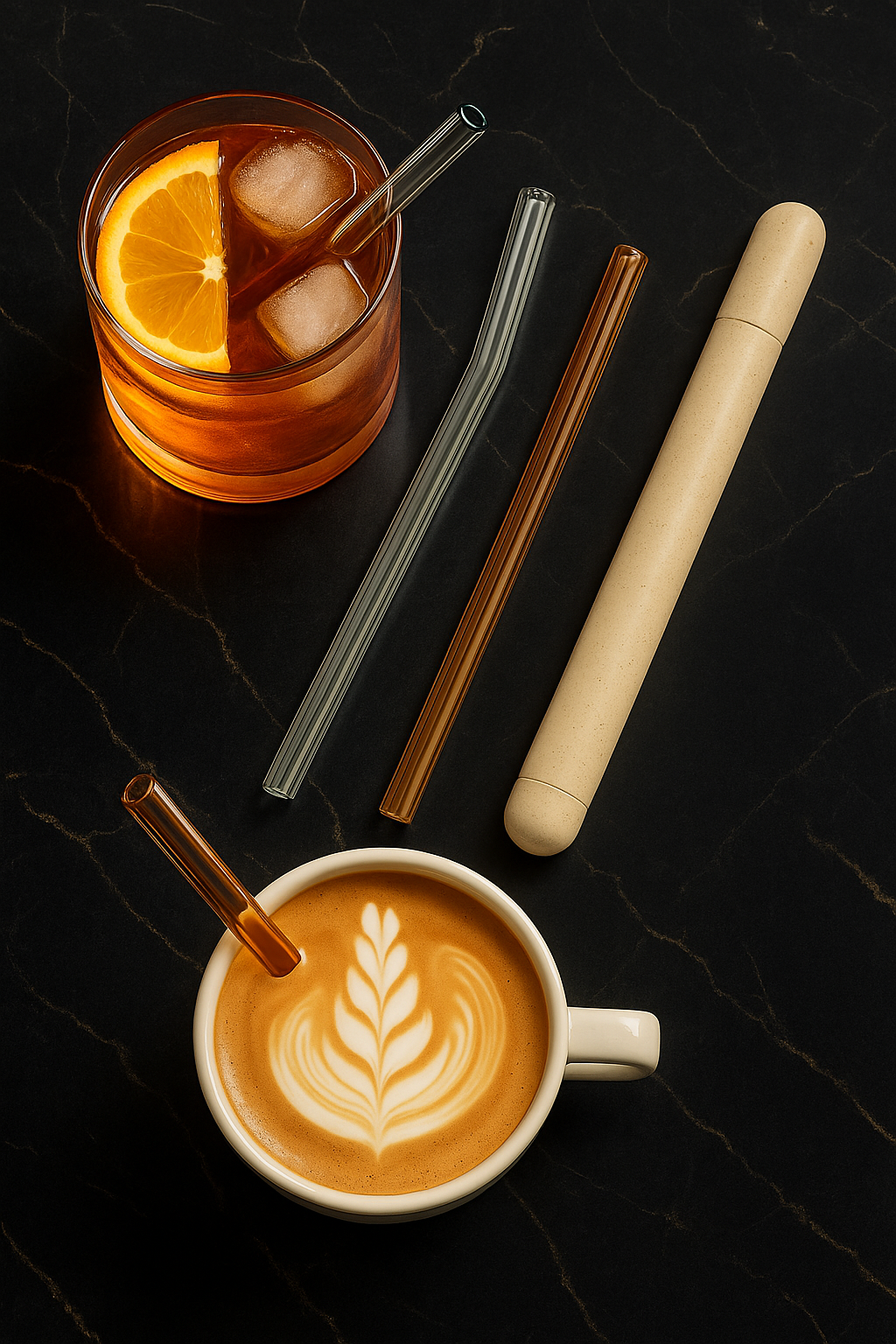 Sip & Quench glass straws used in upscale café and bar settings