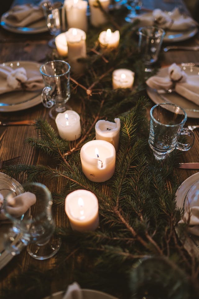 Empty glass holiday table in December