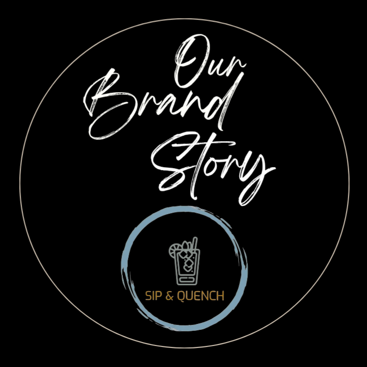 Graphic for Sip & Quench brand story with logo of portable reusable glass straw set, representing our sustainable sipping lifestyle and mindful drinkware.