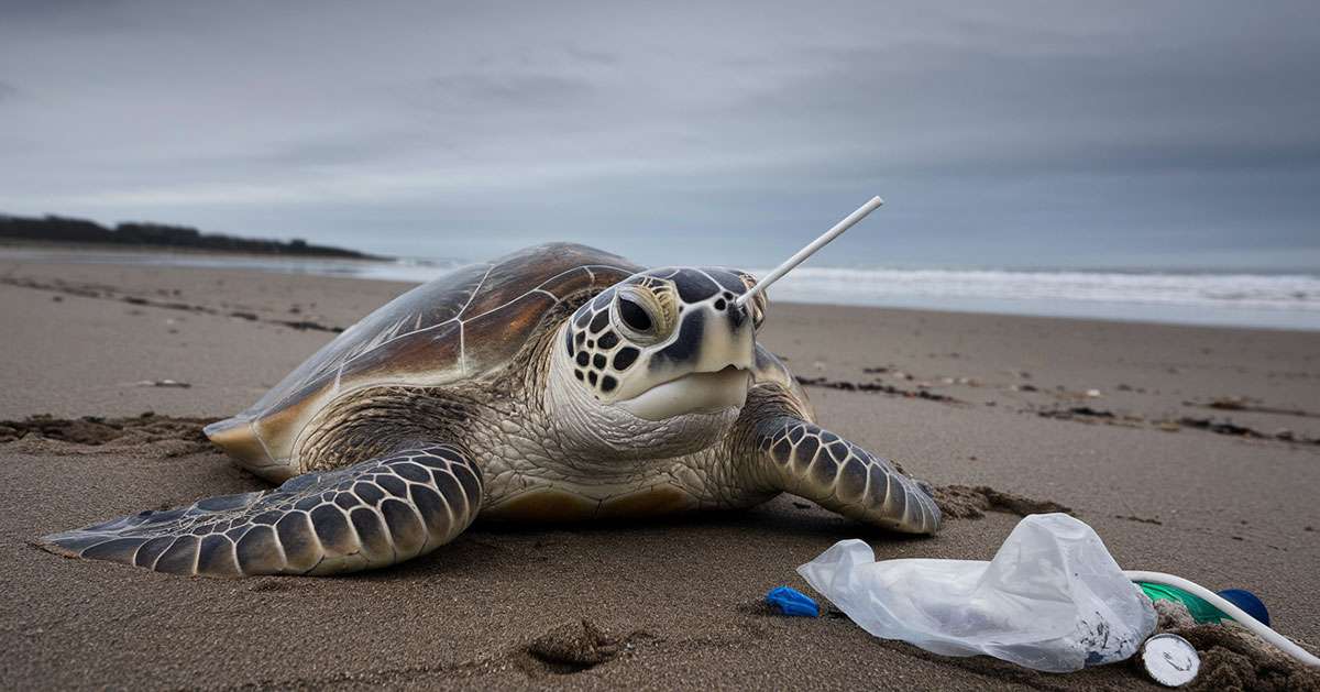 sea turtle with plastic straw in nose - conserving the environment - plastic pollution - environmental issue