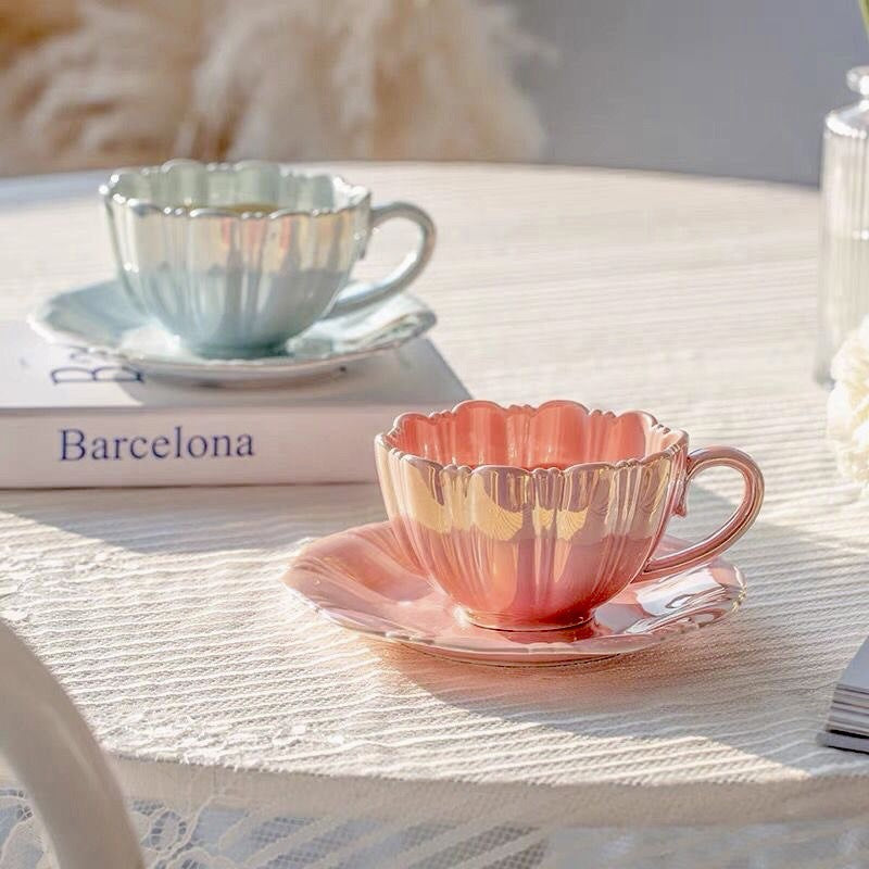 Pastel iridescent ceramic tea cup with matching afternoon tea plate in a soft setting, ideal for gift boxes or vintage tea setups.