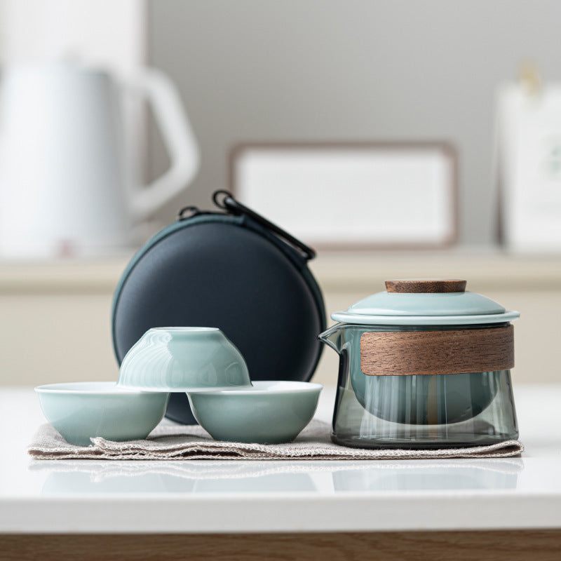 Portable Ceramic & Glass Travel Tea Set – 1 Pot + 3 Cups + Carry Pouch