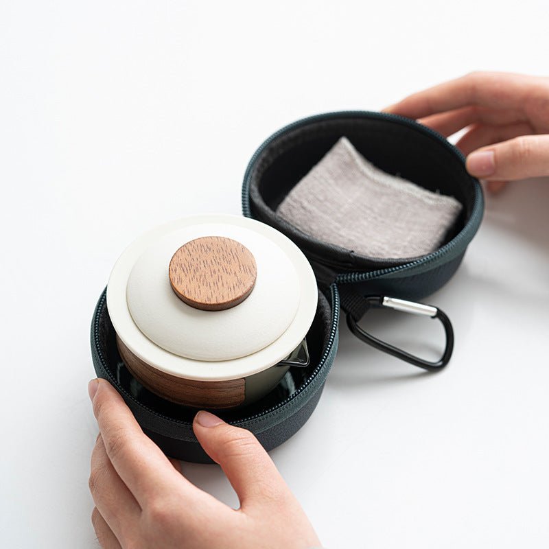 Portable Ceramic & Glass Travel Tea Set – 1 Pot + 3 Cups + Carry Pouch