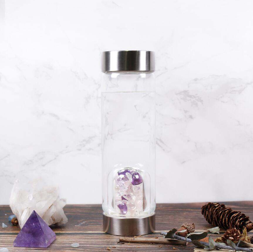 500ml  Natural Crystal Quartz Gravel Gemstone Healing Glass Energy Elixir Water Bottle - Sip & Quench