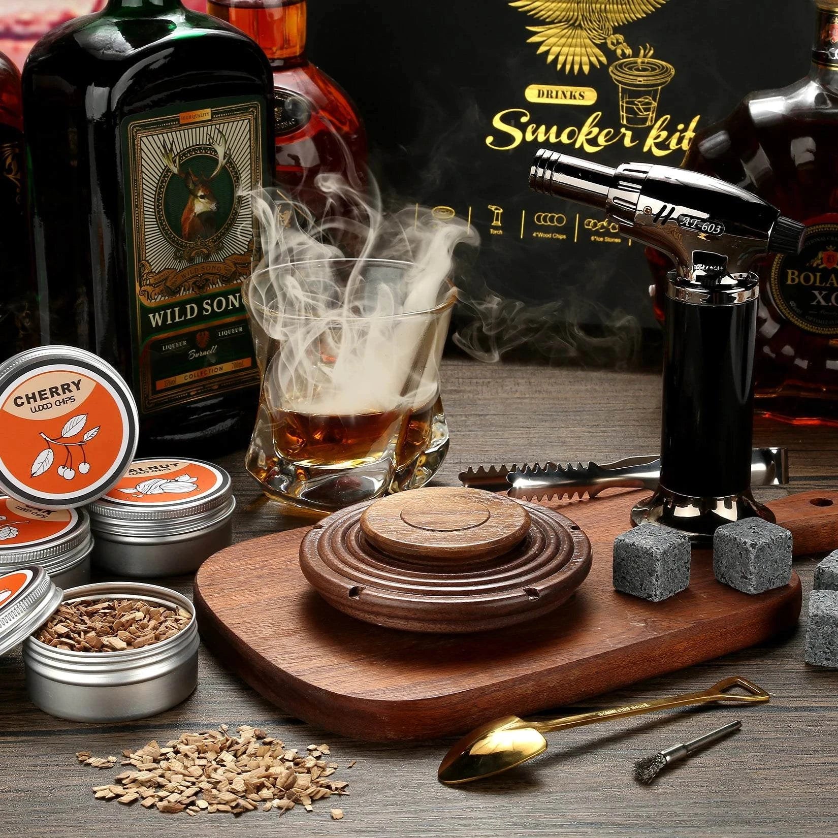 Cocktail Smoker Kit,Smoking Set with 4 Wood Chips,Old Fashioned Whiskey Smoker Drinks Kit,Cocktail Accessories for Whiskey,Drink - Sip & Quench