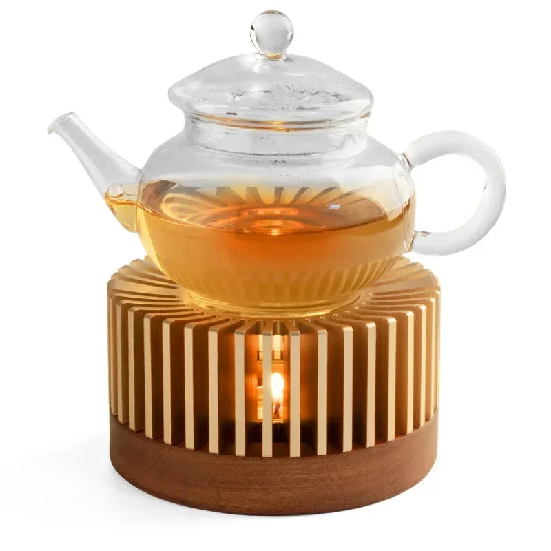 Gold Teapot Warmer with Candle – Hollow Aluminum Alloy Base for Glass Teapots, Coffee, Milk & Tea – Elegant Tea Light Heater Stand for Home or Office Use