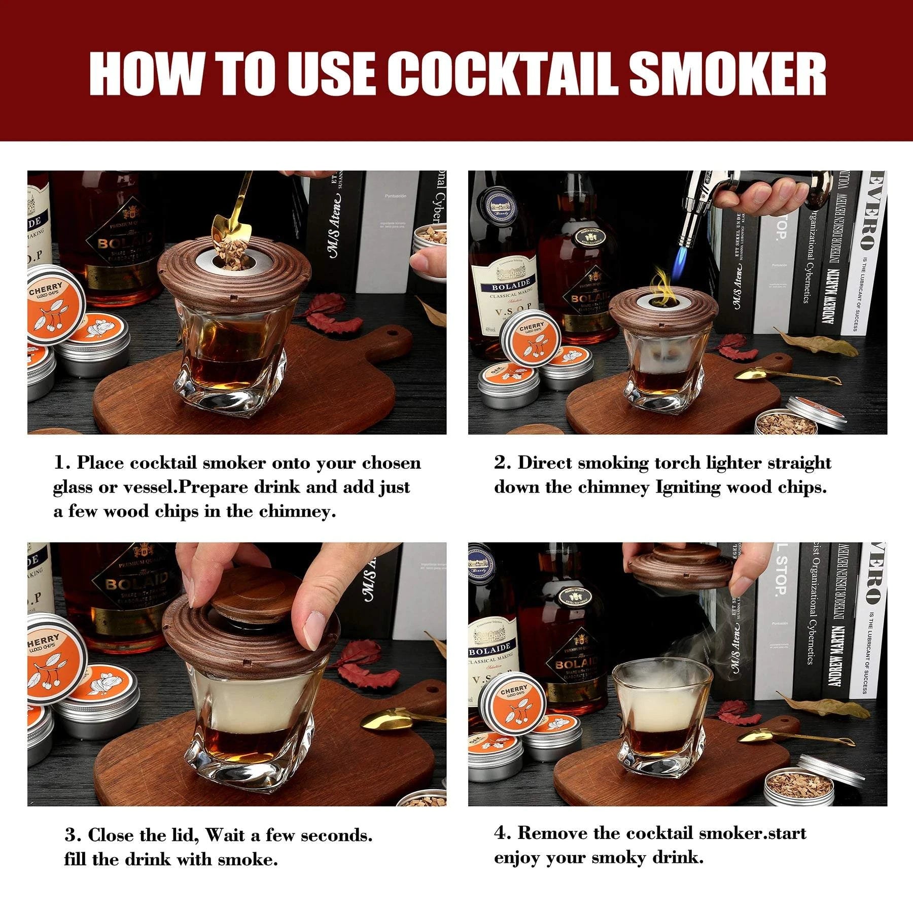 Cocktail Smoker Kit,Smoking Set with 4 Wood Chips,Old Fashioned Whiskey Smoker Drinks Kit,Cocktail Accessories for Whiskey,Drink - Sip & Quench