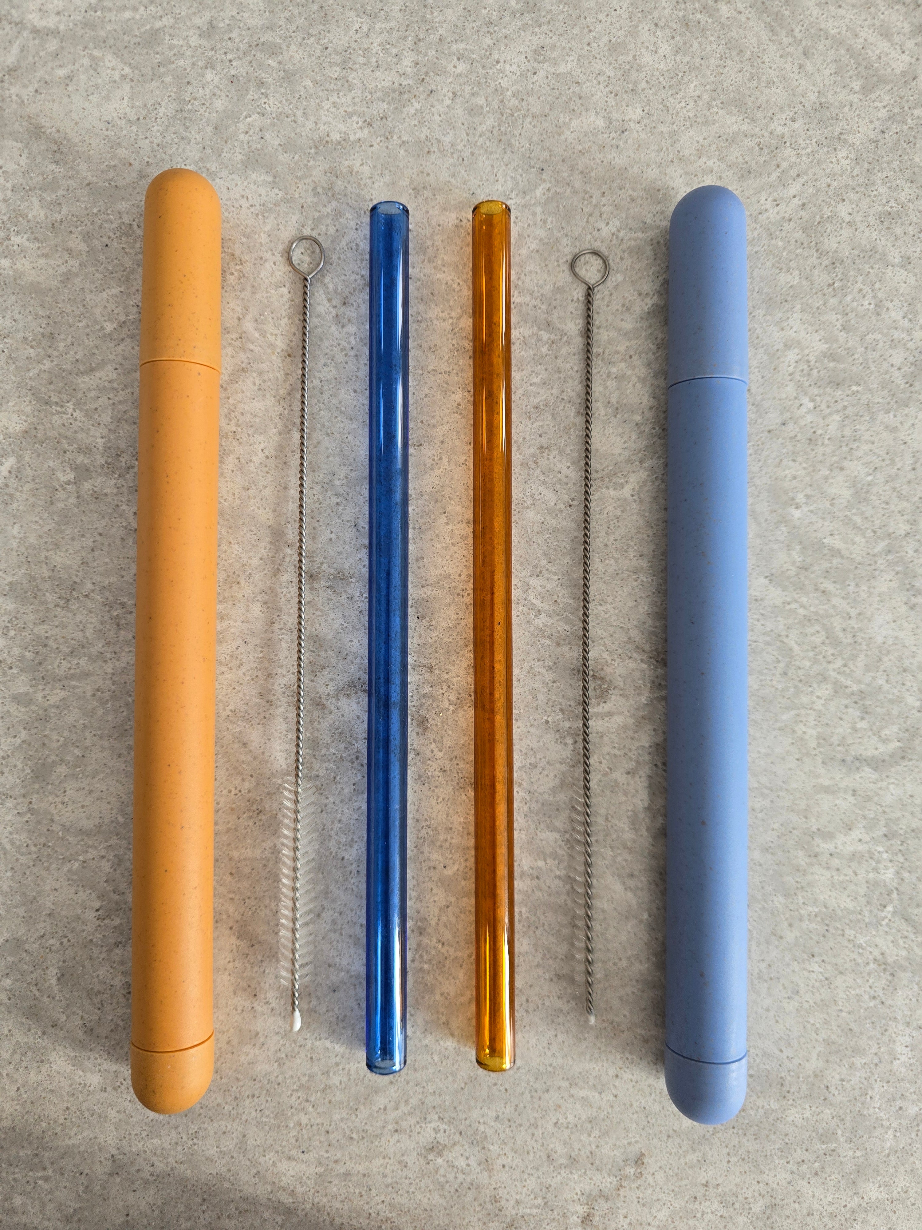 Set of 2 Glass Straws with Case & Cleaning Brush - Blue/ Amber