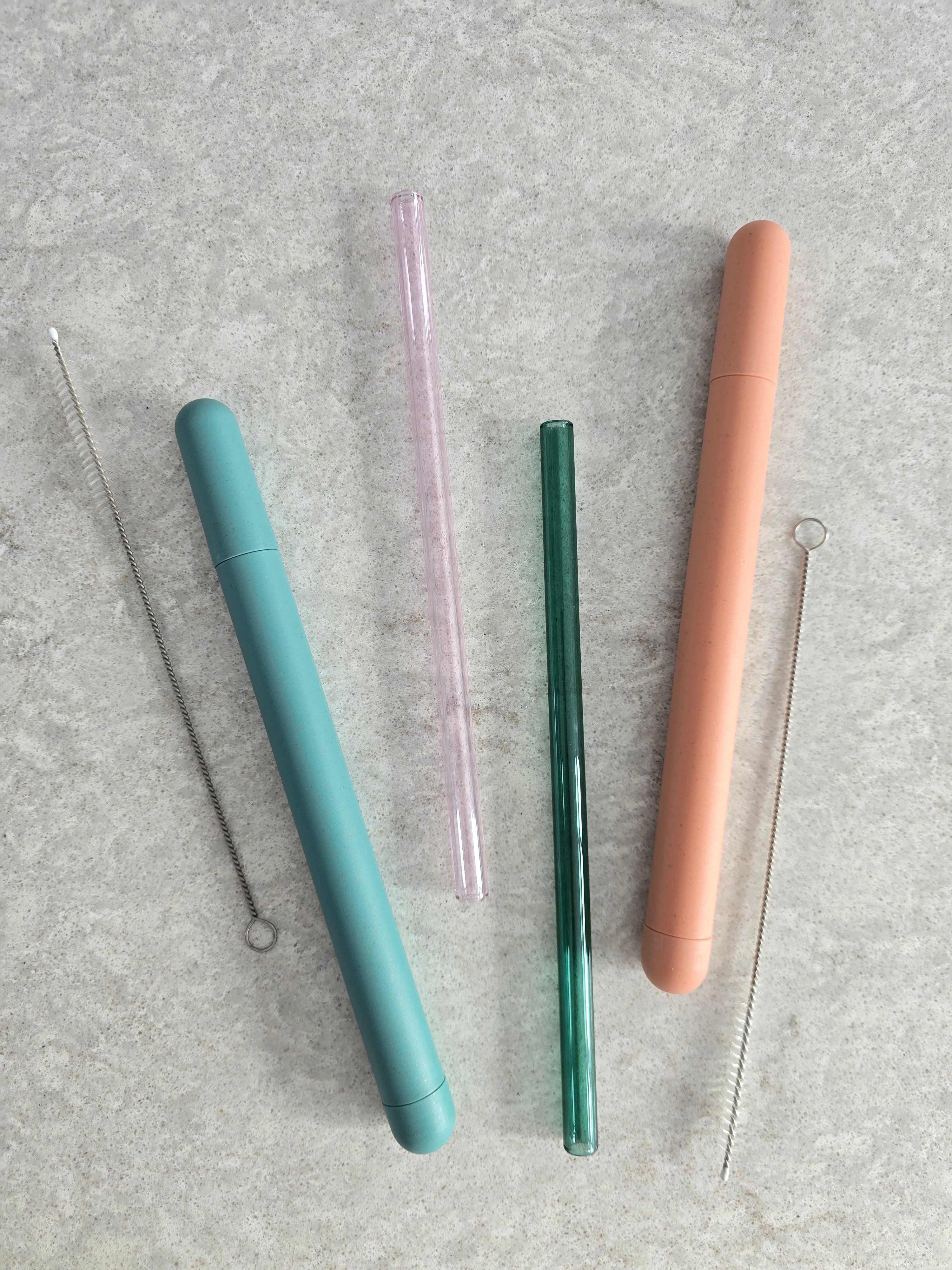 Set of 2 Glass Straws with Case & Cleaning Brush - Pink/ Teal